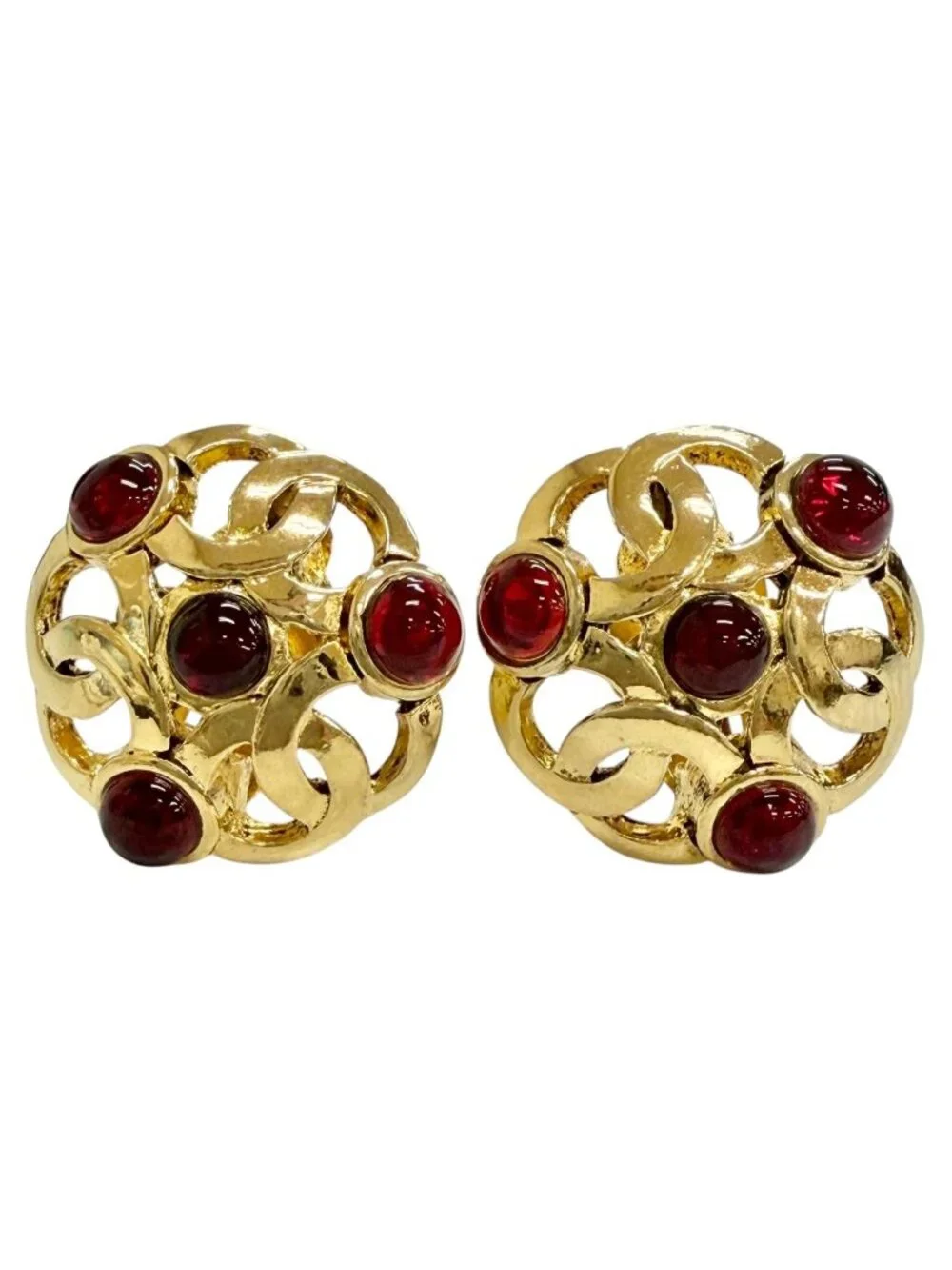 Chanel Vintage 25 Gripoix CC Logo Earrings Gold Red French